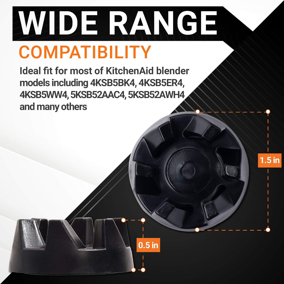 9704230 blender drive coupling replacement showing dimensions and KitchenAid blender compatibility chart.