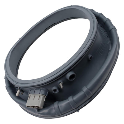 Gray rubber door boot seal gasket for Samsung washers, angled view showing connection ports.