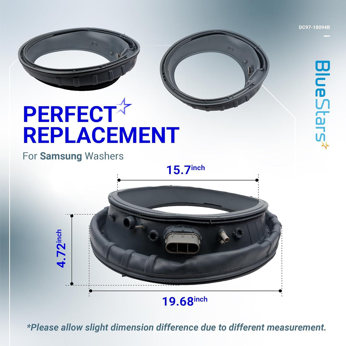 DC97-18094B Samsung washer door boot seal gasket showing dimensions and multiple angles.