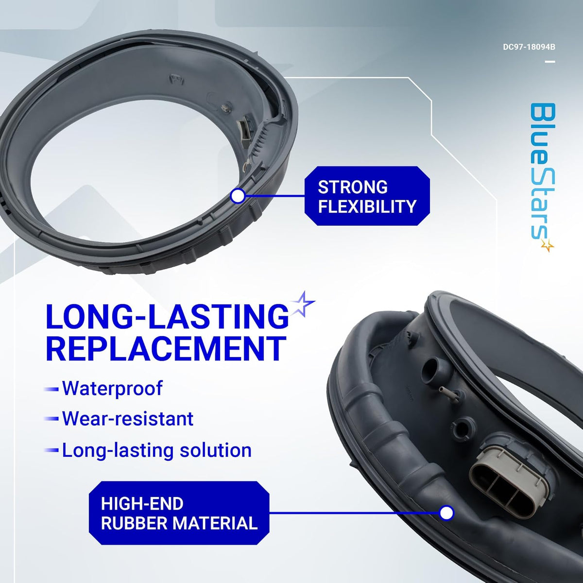 DC97-18094B washer door boot seal gasket for Samsung washers showing flexible rubber material and port details.