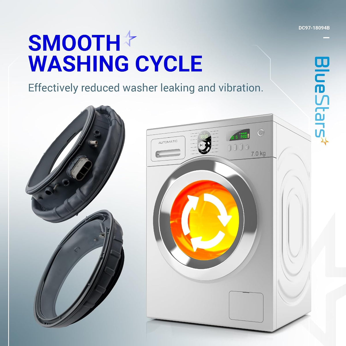 DC97-18094B washer door boot seal gasket shown with a Samsung washing machine to illustrate leak and vibration reduction.