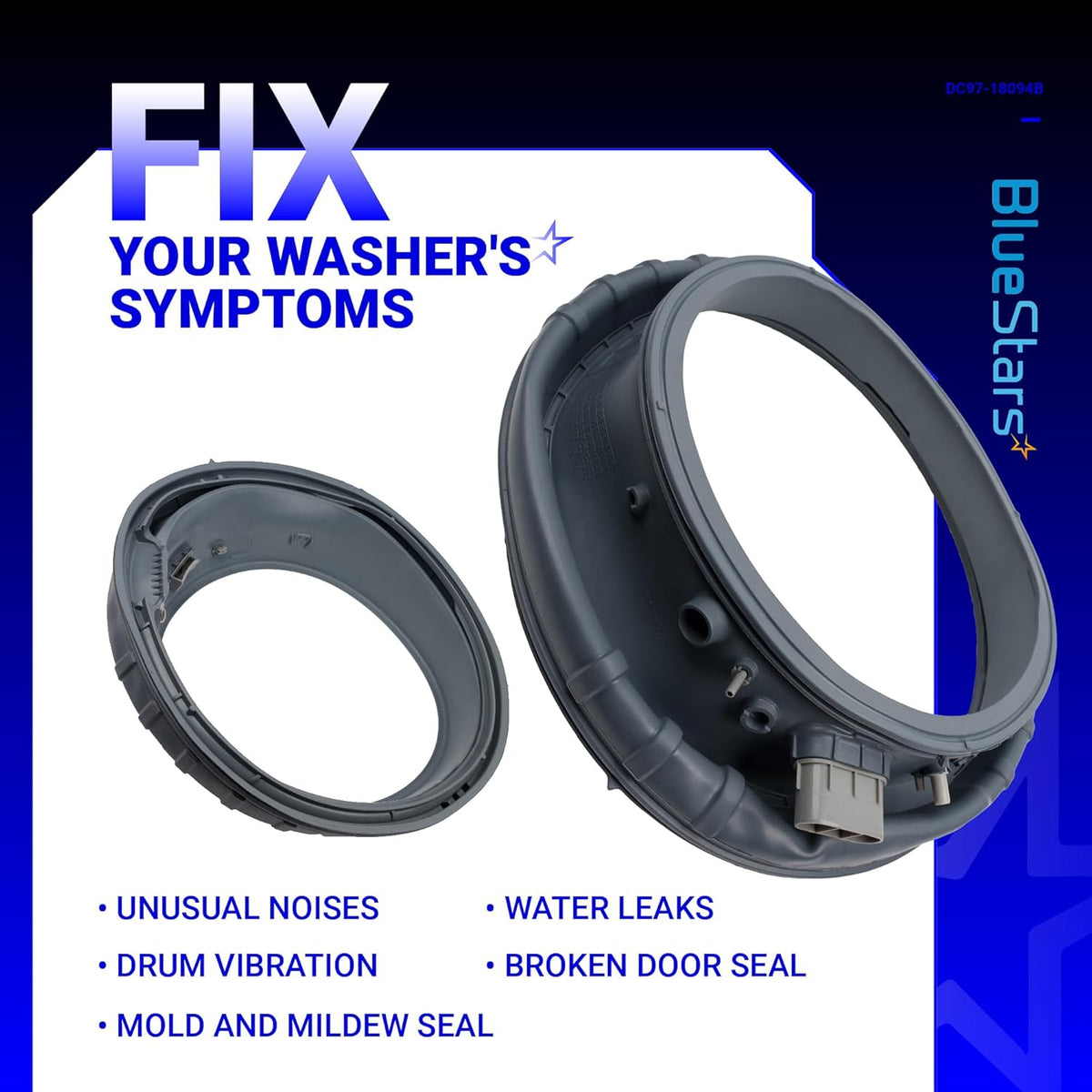 DC97-18094B gray rubber door boot seal gasket for Samsung washers shown from two angles to fix leaks and vibrations.