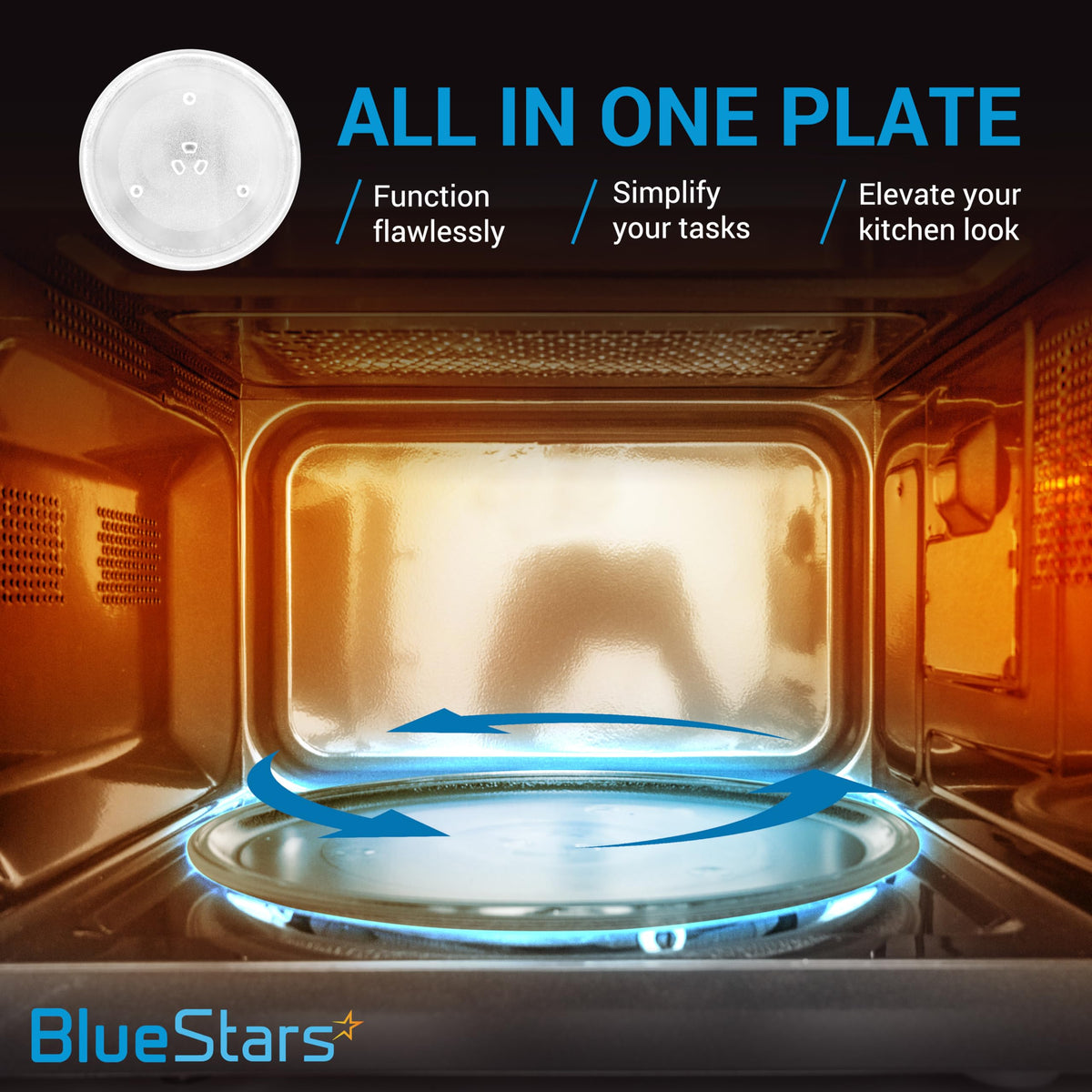 10.6-inch replacement microwave glass turntable plate installed inside a microwave oven.