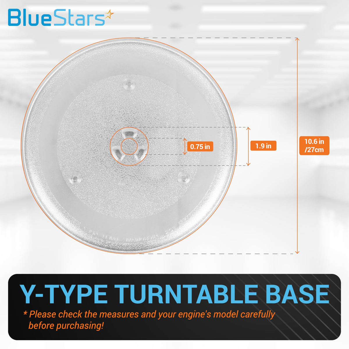 10.6-inch microwave glass turntable plate with Y-type base dimensions and measurements diagram.