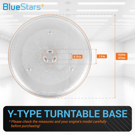 10.6-inch microwave glass turntable plate with Y-type base dimensions and measurements diagram.