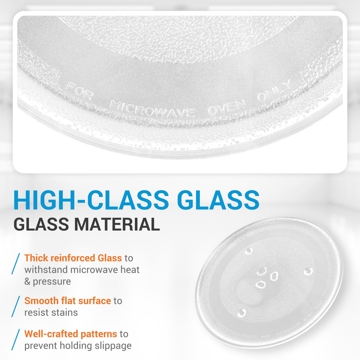Close-up of 10.6-inch microwave glass replacement plate showing reinforced material and anti-slip texture.