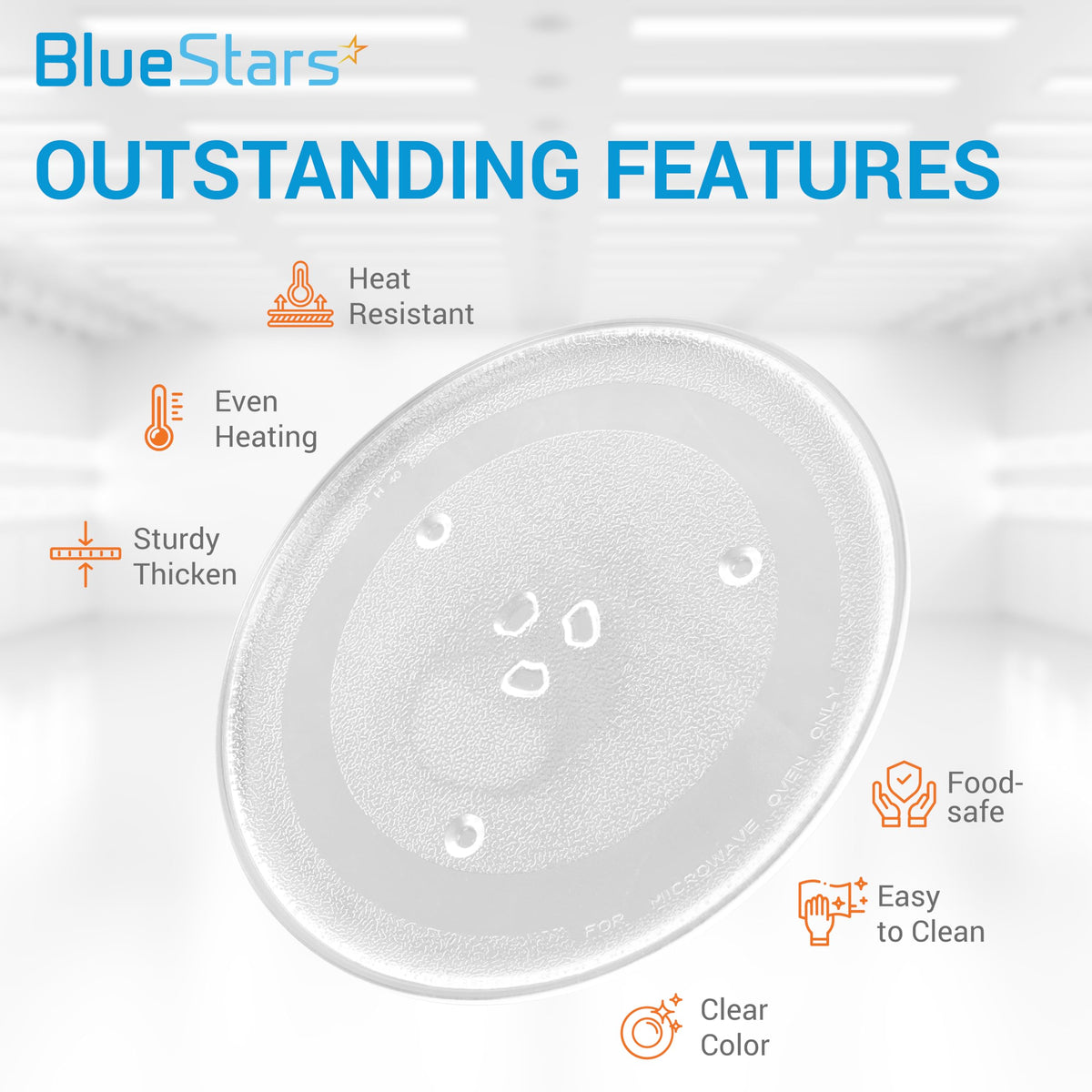 10.6-inch microwave glass replacement plate with infographic highlighting heat resistance and durable features.