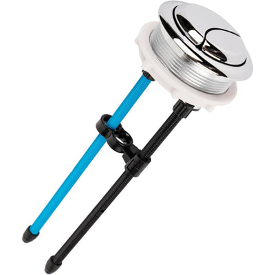Chrome 58mm dual push toilet flush button with adjustable blue and black rods.