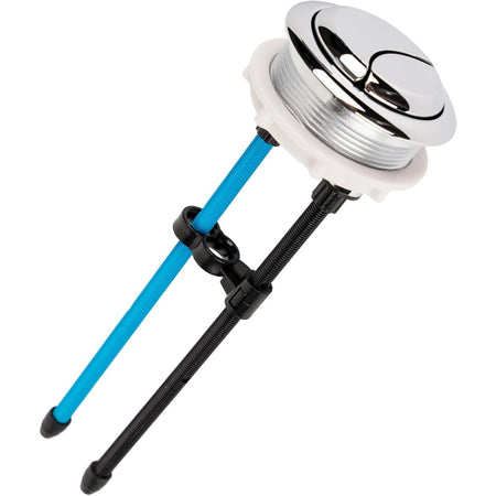 Chrome 58mm dual push toilet flush button with adjustable blue and black rods.