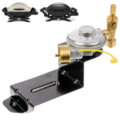 Replacement gas grill valve regulator for Weber Q1000 and Q1200 series grills with mounting bracket.