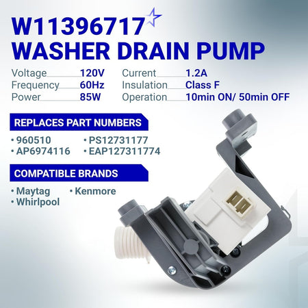 W11396717 washer drain pump for Whirlpool, Kenmore, and Maytag washing machines with technical specifications.