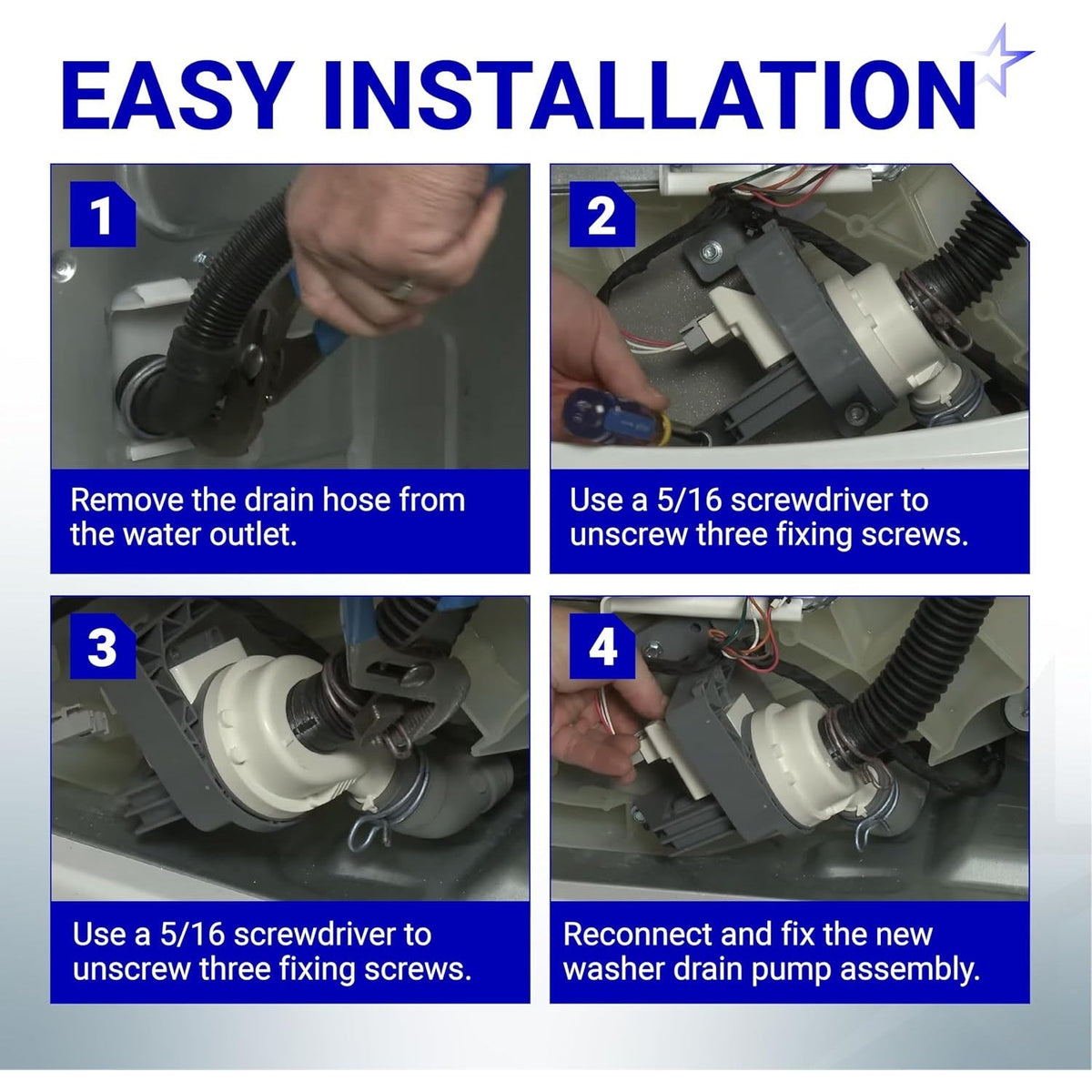 Four-step installation guide for W11396717 washing machine drain pump showing hose removal and screw replacement.