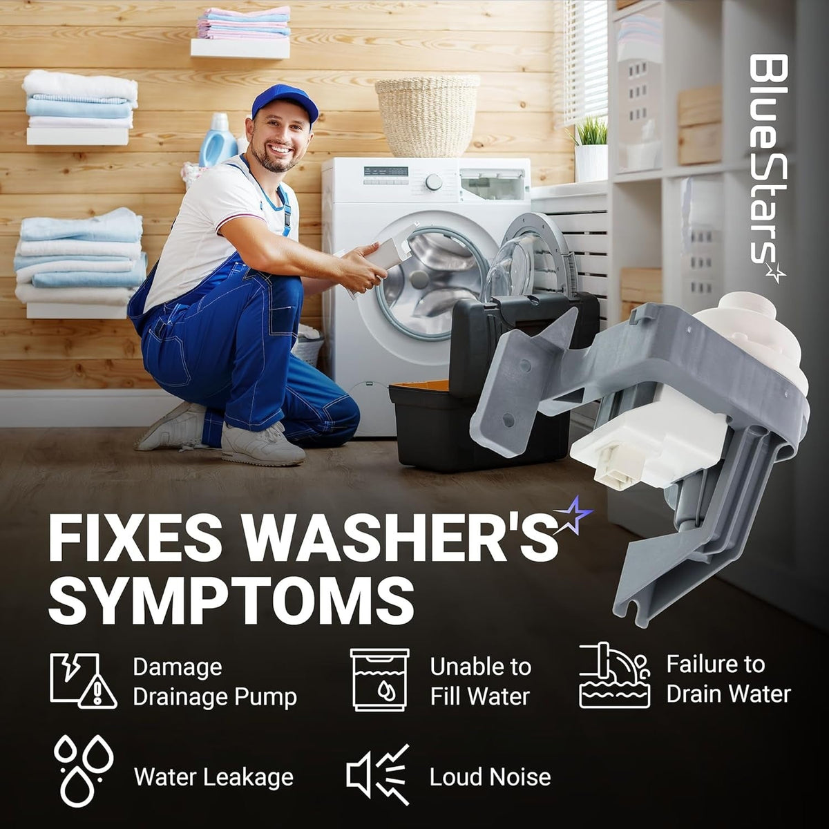 W11396717 washer drain pump replacement shown with a technician repairing a washing machine.