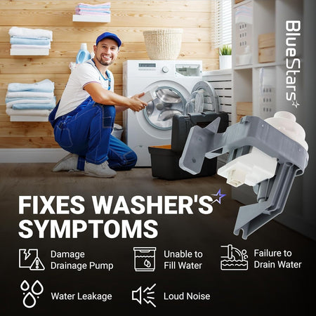 W11396717 washer drain pump replacement shown with a technician repairing a washing machine.