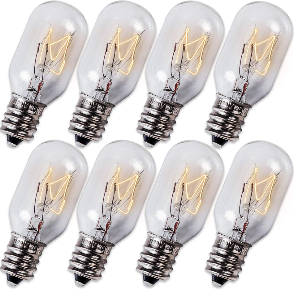 Pack of eight E12 T20 120V 15W salt lamp light bulbs with clear glass and visible filaments.