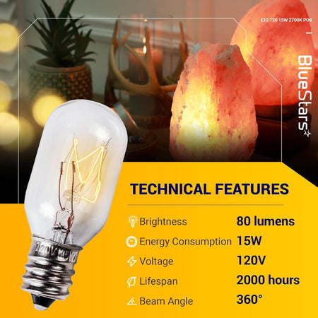 Close-up of an E12 T20 15W salt lamp bulb with technical specifications displayed on a yellow background.