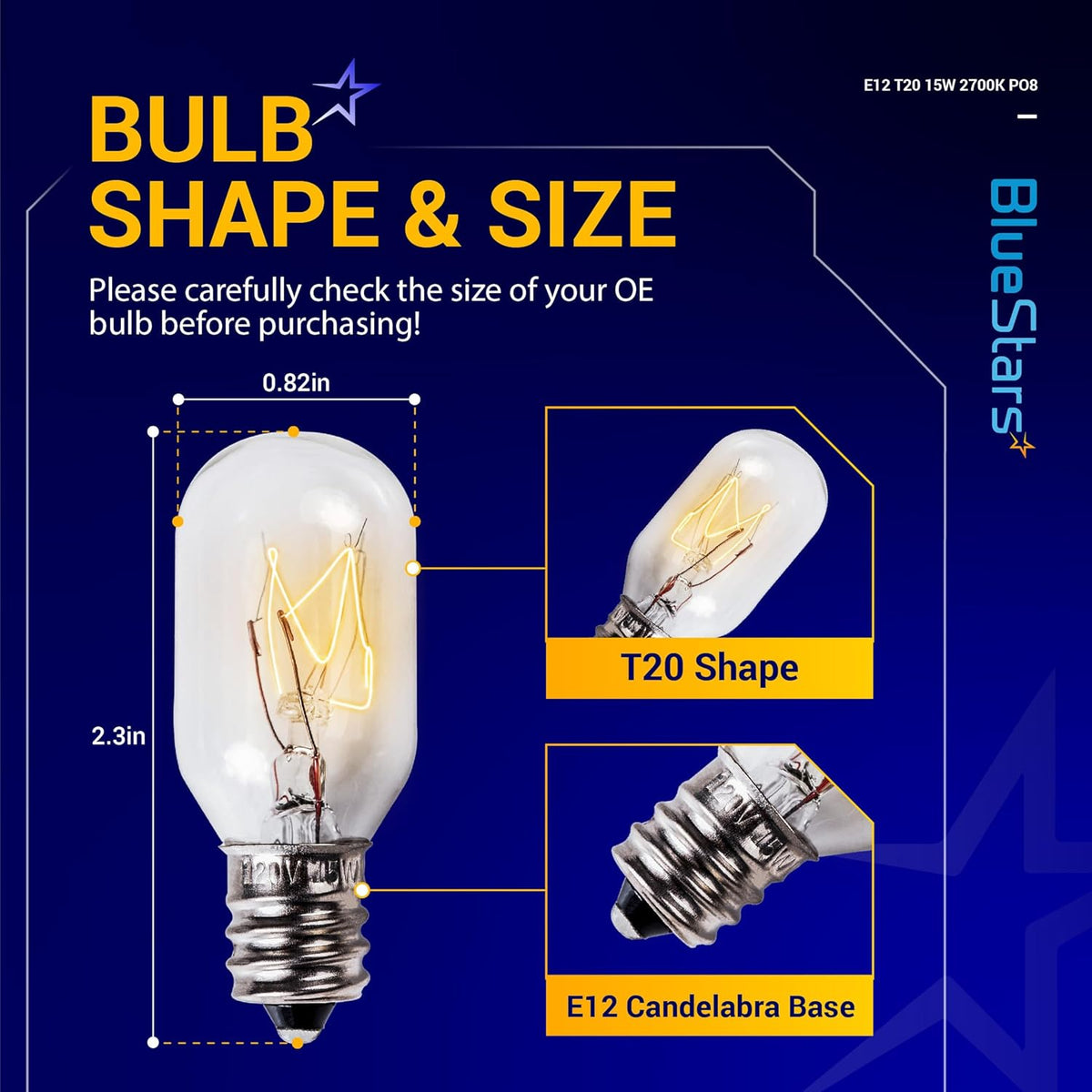 Infographic showing dimensions and specifications for E12 T20 120V 15W salt lamp bulb with candelabra base.