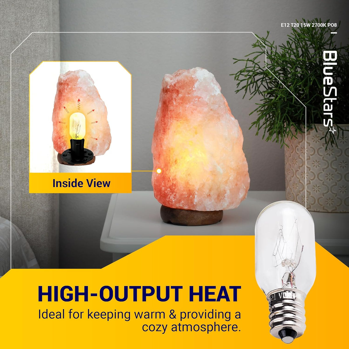 E12 T20 15W salt lamp replacement bulb shown with a Himalayan salt lamp and inside view diagram.