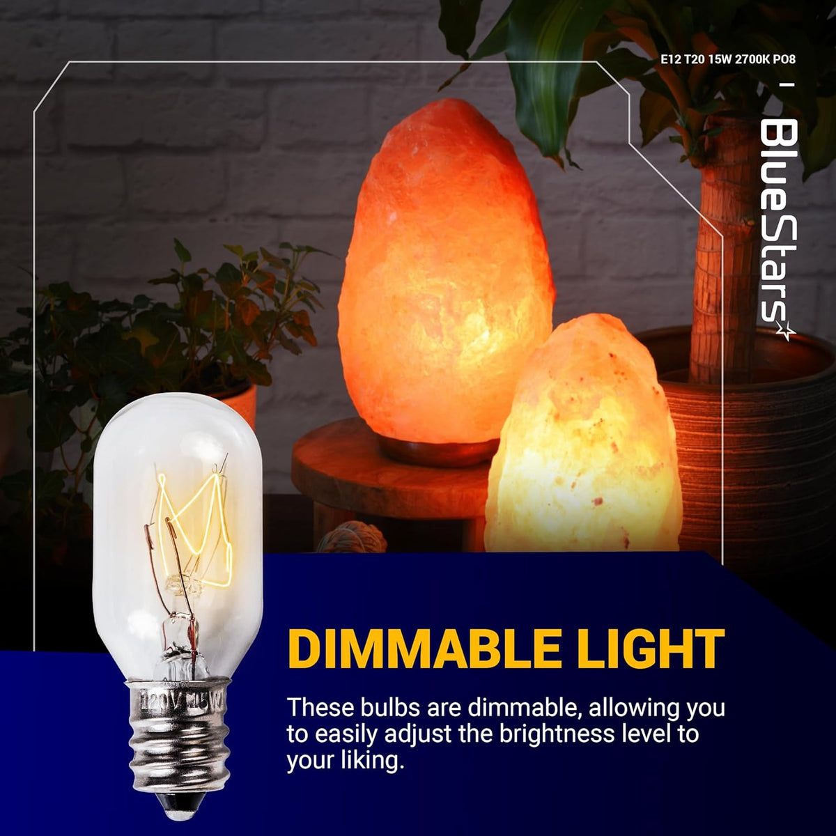 E12 T20 15W dimmable salt lamp bulb with warm white light glowing inside a Himalayan salt lamp.