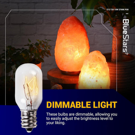 E12 T20 15W dimmable salt lamp bulb with warm white light glowing inside a Himalayan salt lamp.