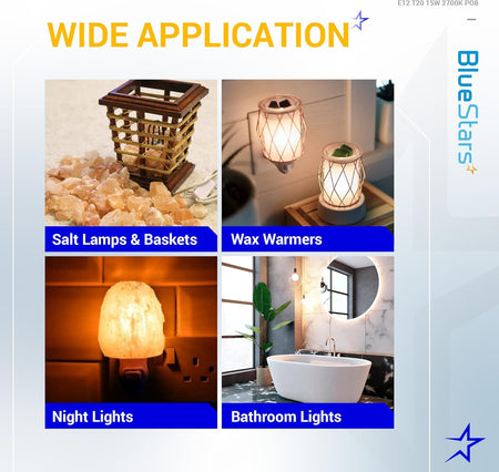 Collage showing E12 T20 15W bulb applications in salt lamps, wax warmers, night lights, and bathroom lighting.