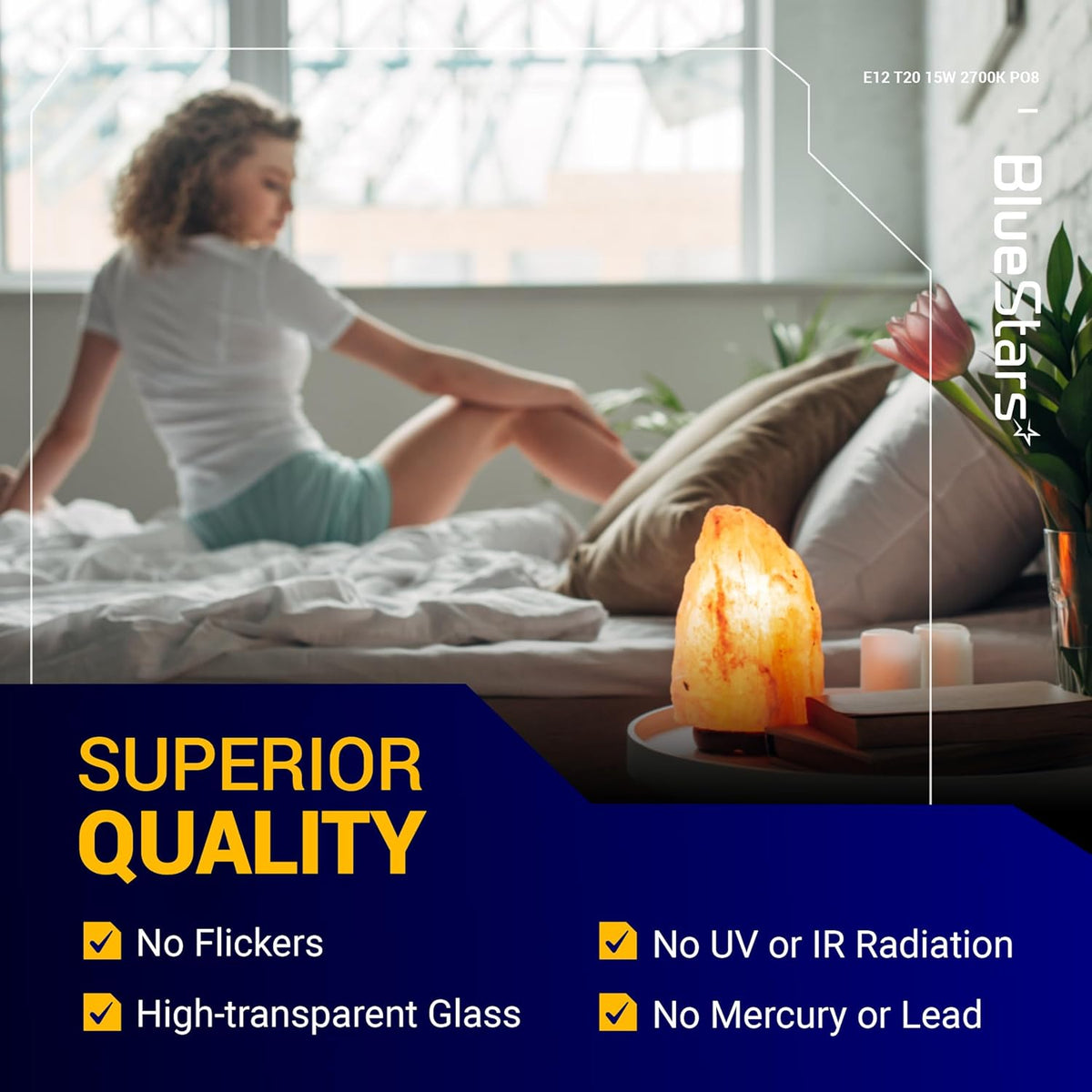 E12 T20 15W salt lamp bulb lifestyle image showing warm white lighting in a bedroom setting.