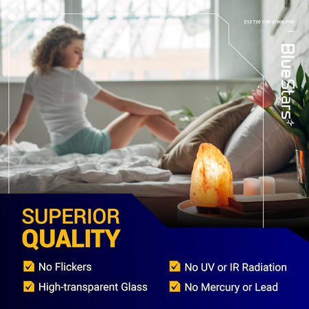 E12 T20 15W salt lamp bulb lifestyle image showing warm white lighting in a bedroom setting.