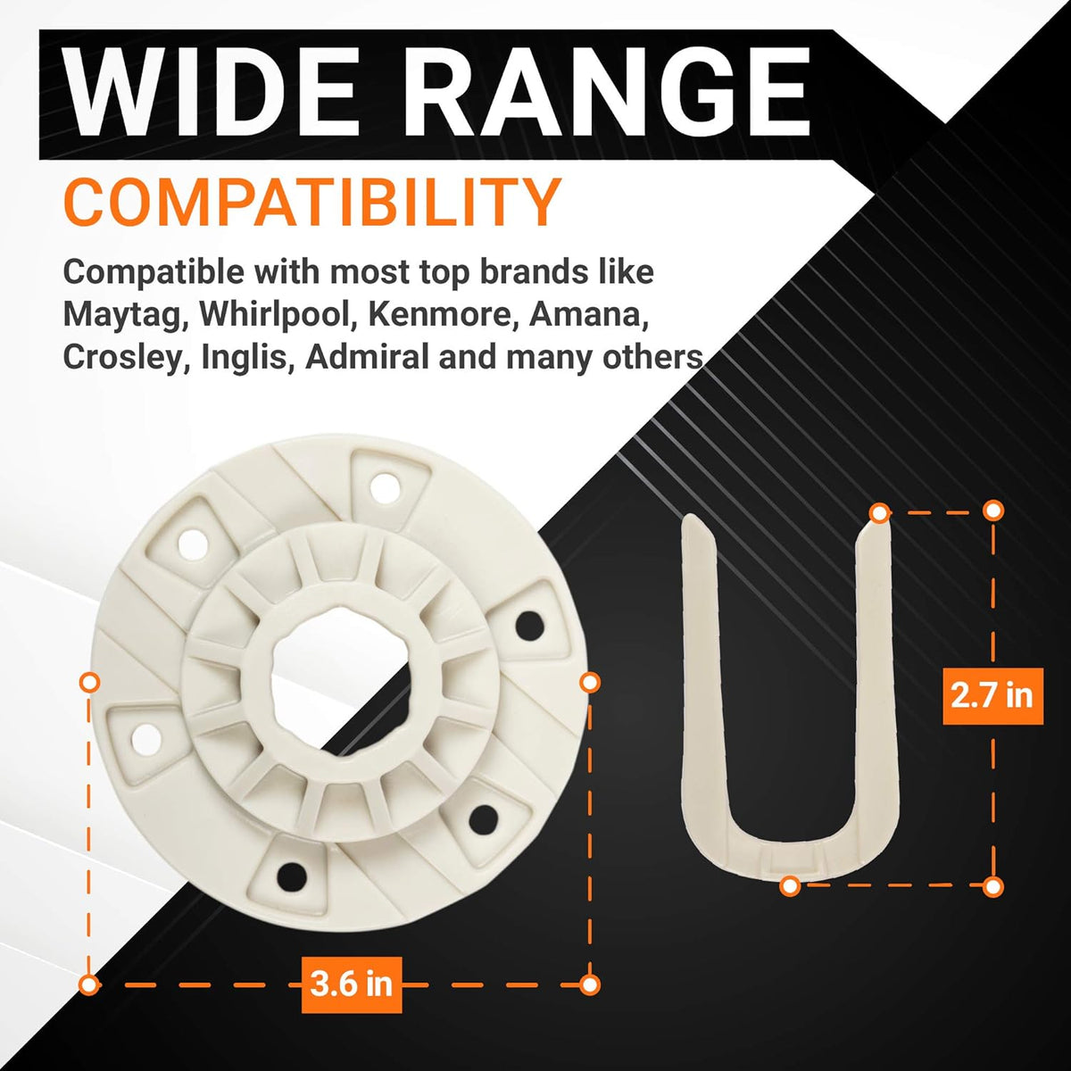 W10528947 washer basket driven hub kit components with dimensions shown for Maytag, Whirlpool, and Kenmore washers.