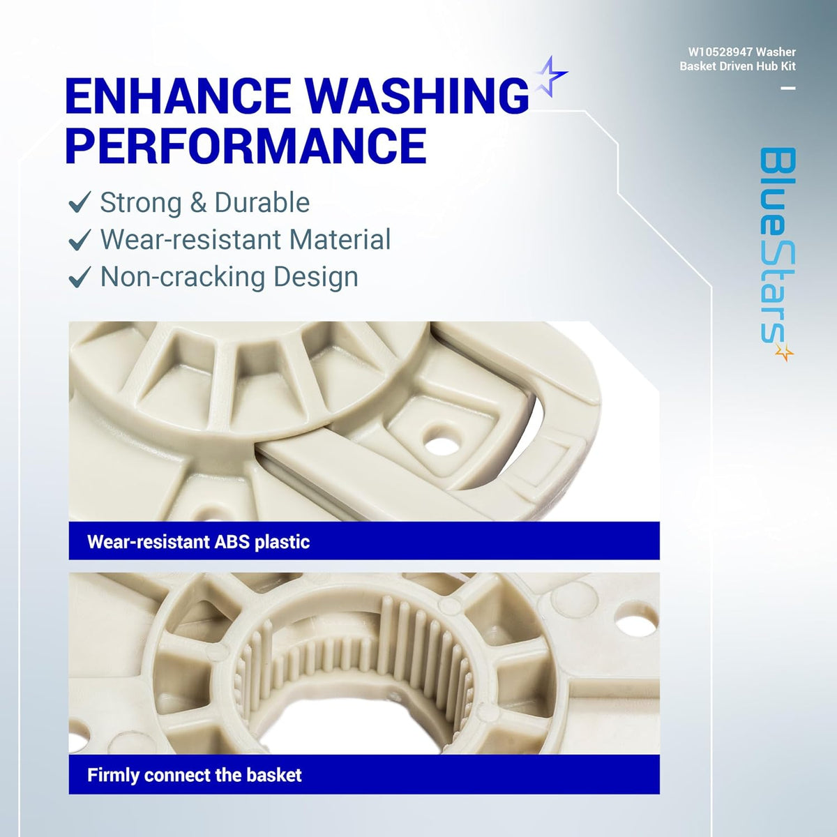 W10528947 Washer Basket Driven Hub Kit, two close-ups showing wear-resistant ABS plastic and basket connection