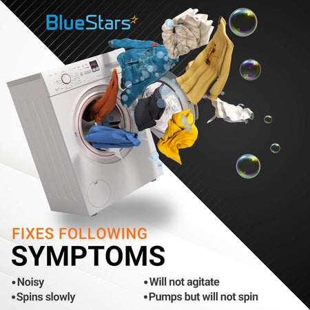 BlueStars washer basket driven hub kit infographic showing washing machine symptoms fixed like noisy or no spin.