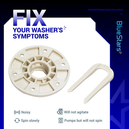 W10528947 Washer Basket Driven Hub Kit, product graphic showing hub, two white components, and washer symptom text