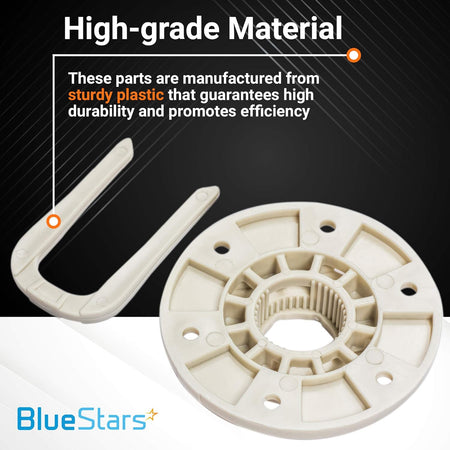 Close-up of durable plastic W10528947 washer basket driven hub kit components.