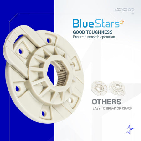 W10528947 Washer Basket Driven Hub Kit, product graphic with BlueStars branding and comparison to other hubs