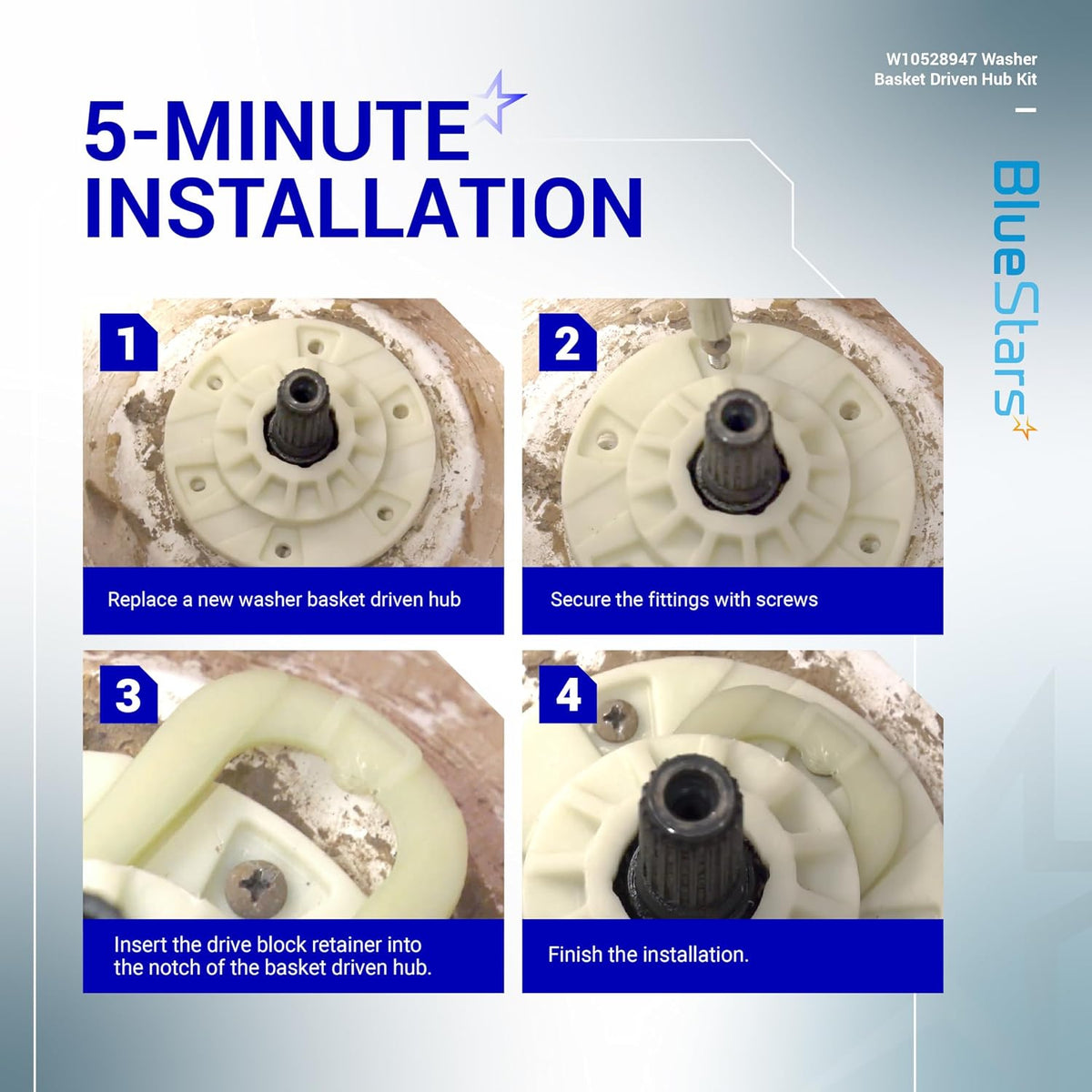 W10528947 Washer Basket Driven Hub Kit showing a four-step 5-minute installation guide