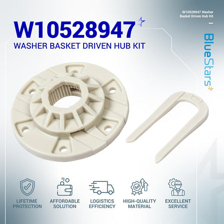W10528947 Washer Basket Driven Hub Kit, product image showing a hub and removal tool