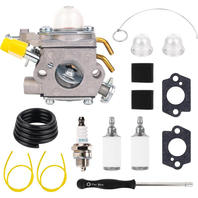 308054043 carburetor kit for Ryobi and Homelite trimmers including carburetor, spark plug, fuel lines, and tools.