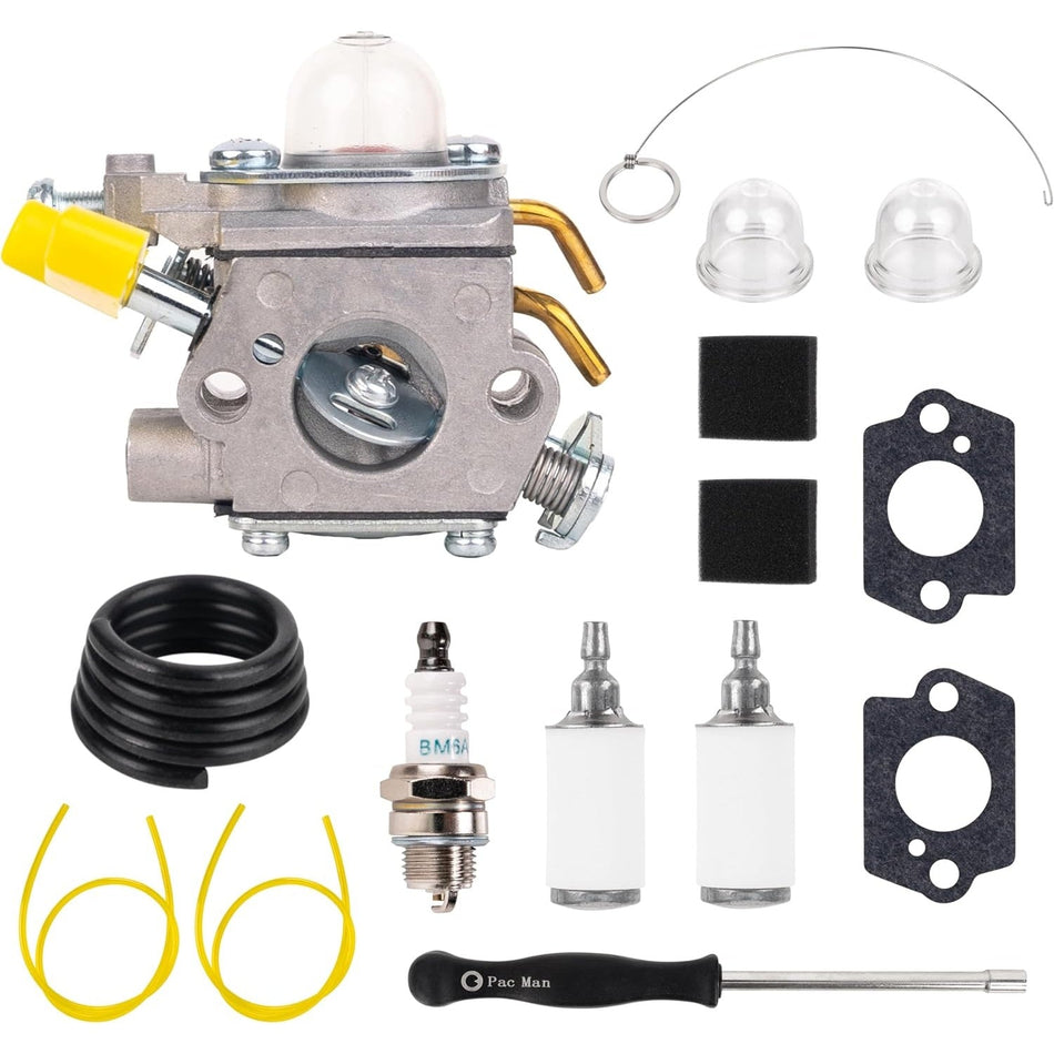 308054043 carburetor kit for Ryobi and Homelite trimmers including carburetor, spark plug, fuel lines, and tools.