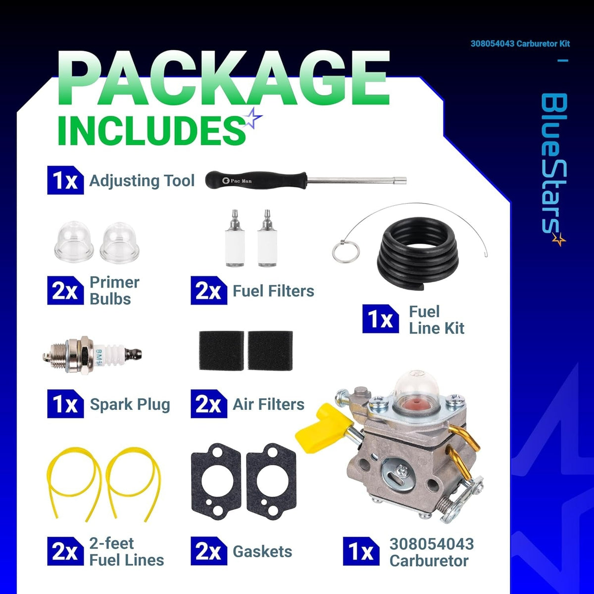 308054043 carburetor kit contents including carburetor, primer bulbs, fuel filters, spark plug, air filters, and tools.