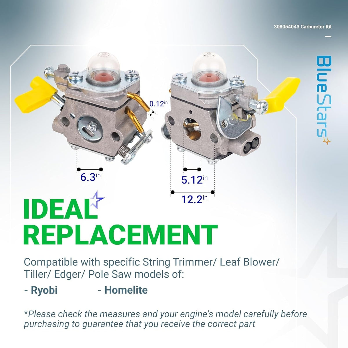 Two 308054043 replacement carburetors for Ryobi and Homelite trimmers and blowers with dimension labels.