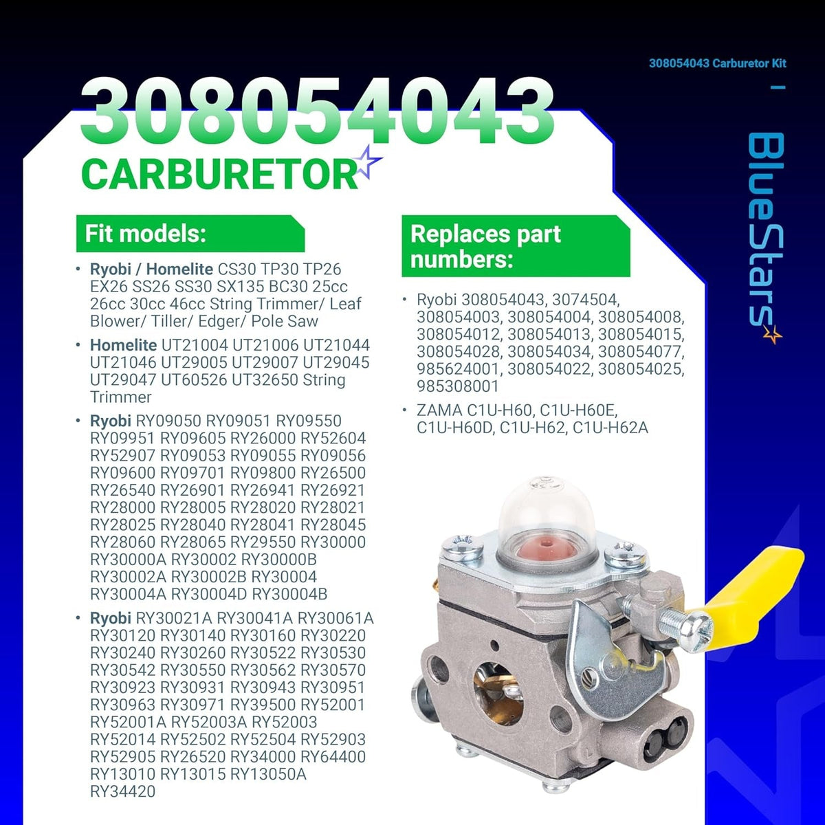 308054043 carburetor replacement for Ryobi and Homelite trimmers with compatibility and part number information chart.