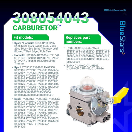308054043 carburetor replacement for Ryobi and Homelite trimmers with compatibility and part number information chart.