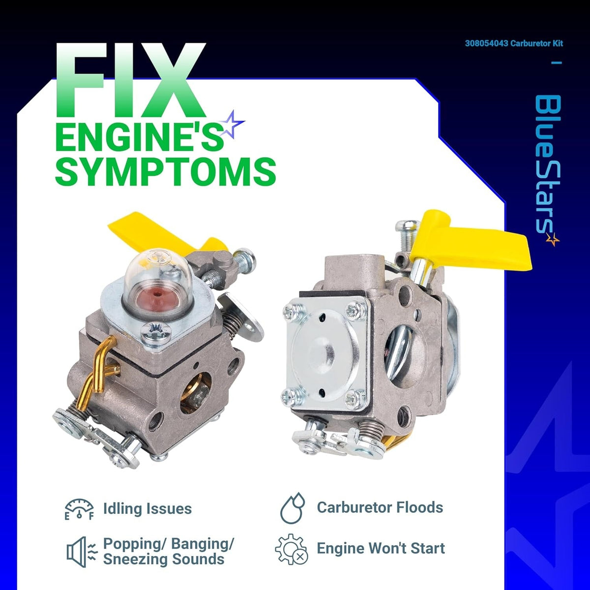 Two views of 308054043 carburetor for Ryobi and Homelite trimmers showing primer bulb and yellow choke lever.