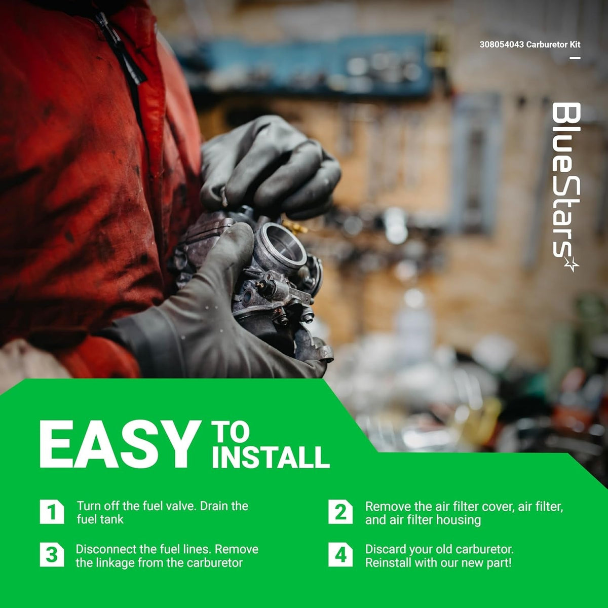 Mechanic holding a 308054043 carburetor with an easy-to-install guide overlay for Ryobi and Homelite equipment.