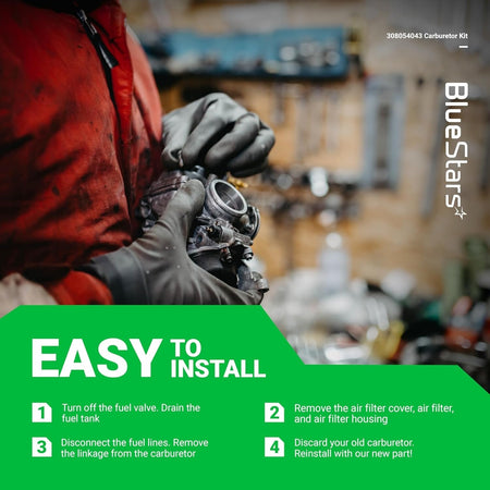 Mechanic holding a 308054043 carburetor with an easy-to-install guide overlay for Ryobi and Homelite equipment.
