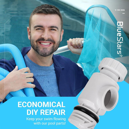 9-100-3006 universal wall fitting quick disconnect for pool cleaner hose in a promotional lifestyle graphic.