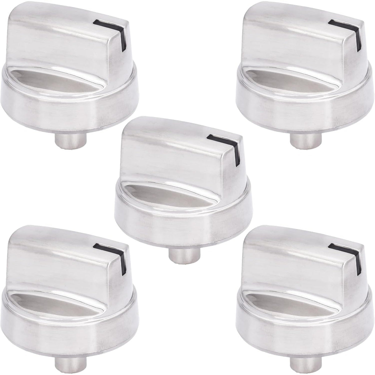 Set of five silver WB03X29354 gas cooktop control knobs arranged in a cluster.
