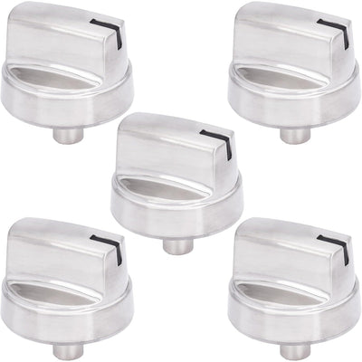 Set of five silver WB03X29354 gas cooktop control knobs arranged in a cluster.