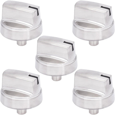 Set of five silver WB03X29354 gas cooktop control knobs arranged in a cluster.