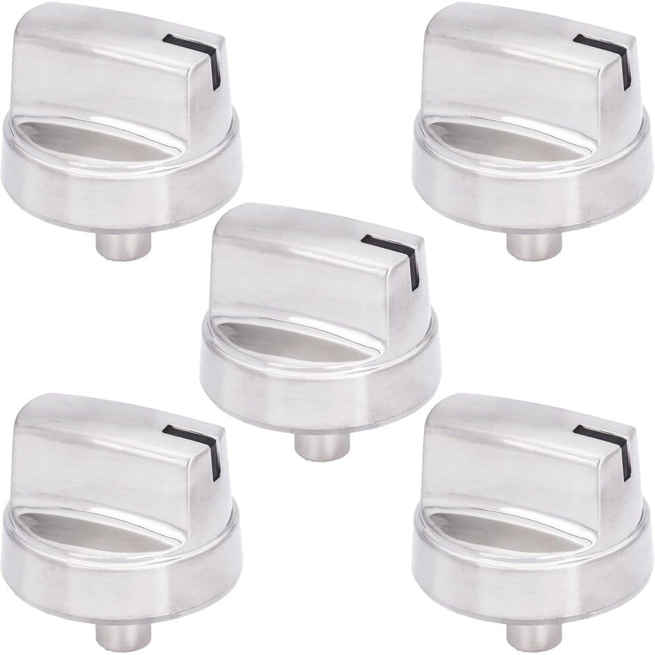 Set of five silver WB03X29354 gas cooktop control knobs arranged in a cluster.