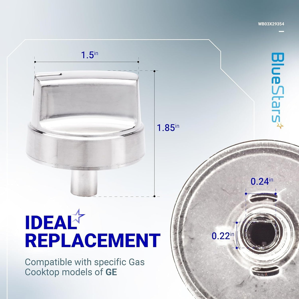 WB03X29354 gas cooktop knob showing dimensions and bottom mounting detail for GE range replacement.